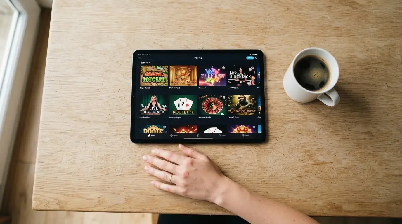 Een persoon bekijkt op een tablet een overzicht van casinospellen aan een keukentafel, met een kop koffie ernaast.