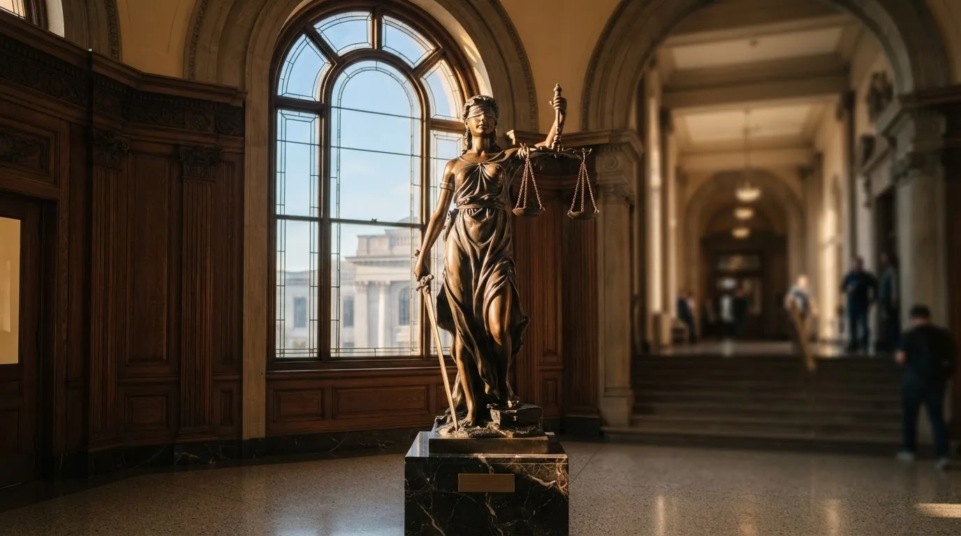 Een bronzen vrouwe Justitia met weegschaal staat voor een grote raampartij in een statig gerechtsgebouw, met zacht ochtendlicht.