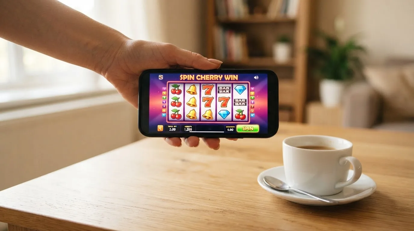 Een hand houdt een smartphone vast boven een houten tafel met een kopje koffie ernaast, in zacht daglicht.