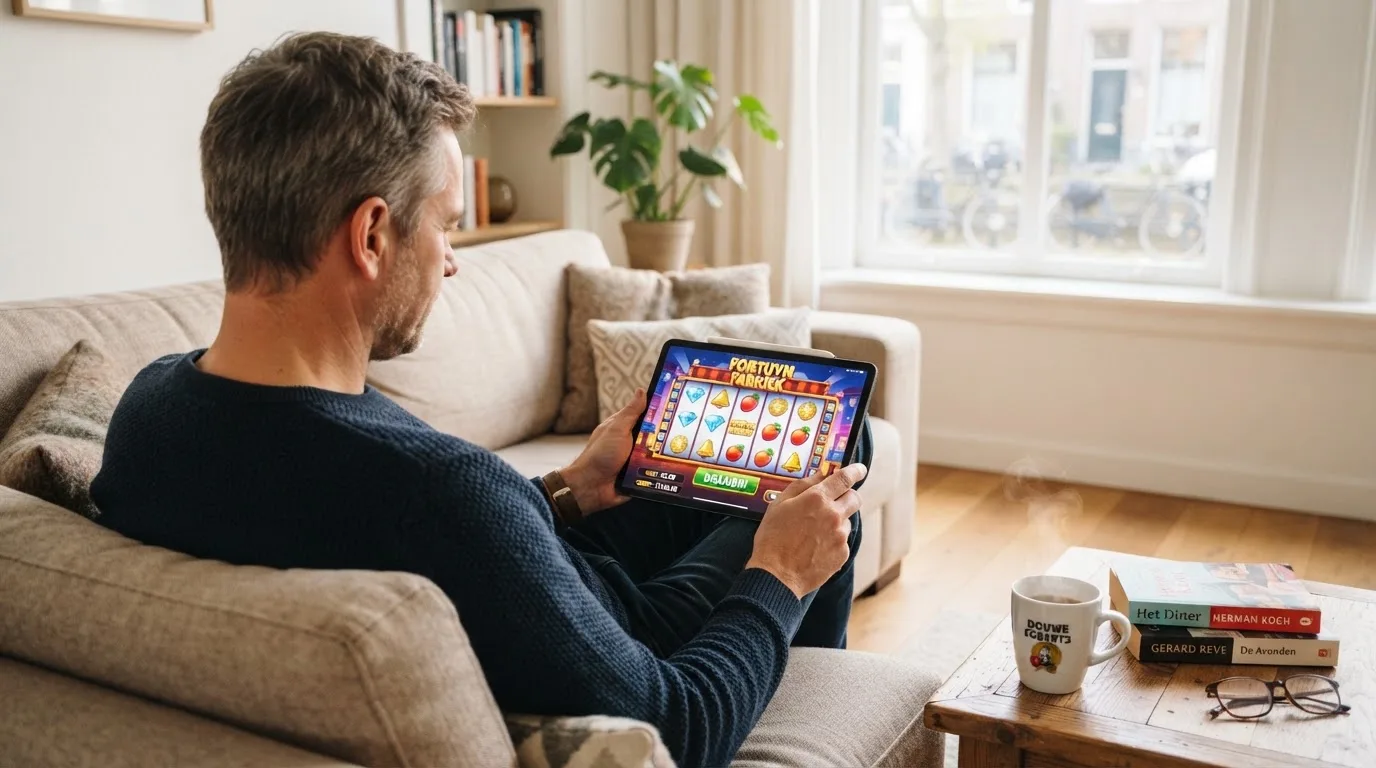 Een man bekijkt ontspannen een tablet op de bank in een lichte woonkamer met een kop koffie op de salontafel.