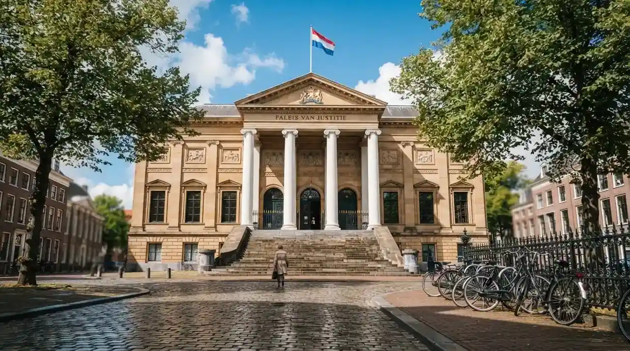Een klassiek gerechtsgebouw met hoge zuilen staat onder een blauwe lucht in een Nederlandse binnenstad.