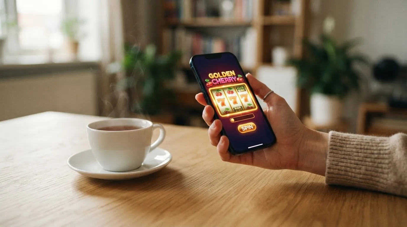 Een hand houdt een smartphone vast boven een houten tafel met een kopje thee ernaast, in zacht daglicht.