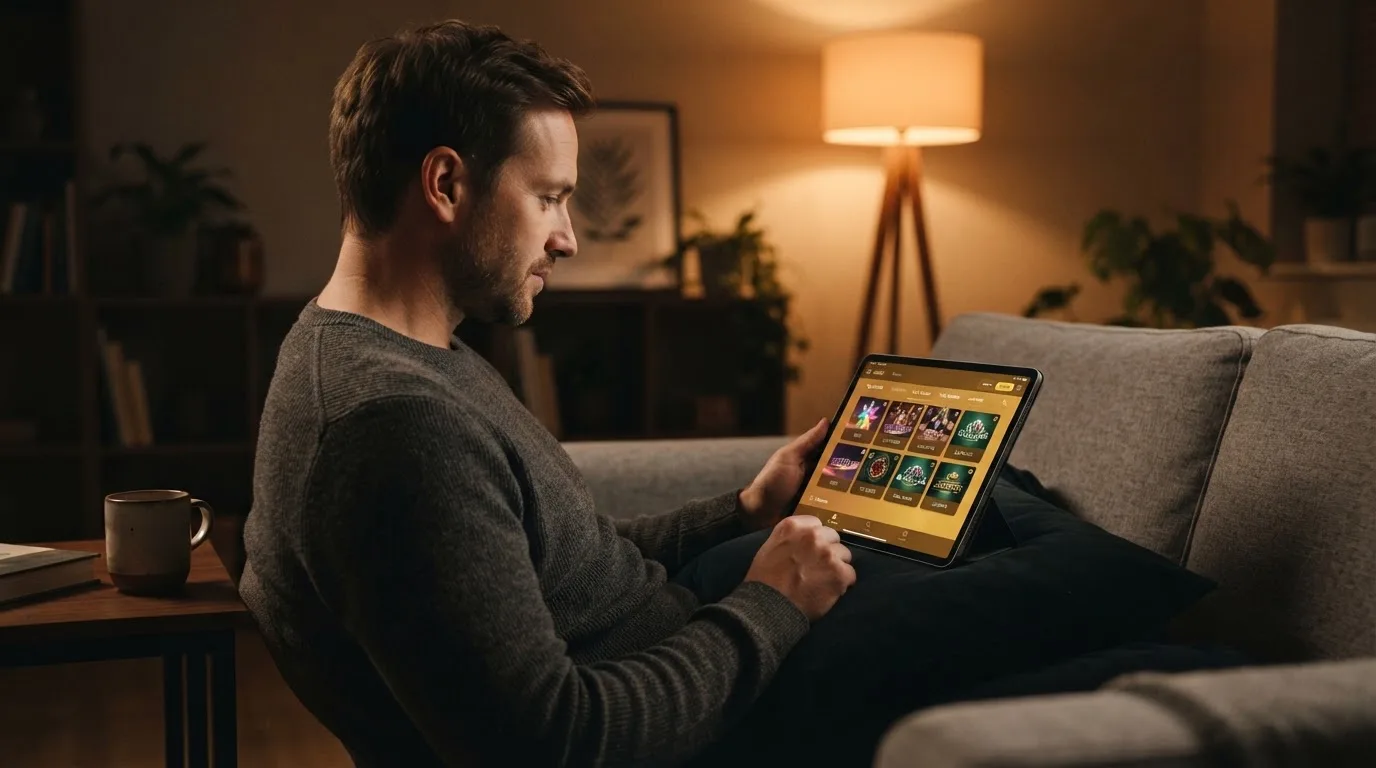 Een man bekijkt laat op de avond een tablet op de bank, verlicht door een staande lamp in een rustige woonkamer.