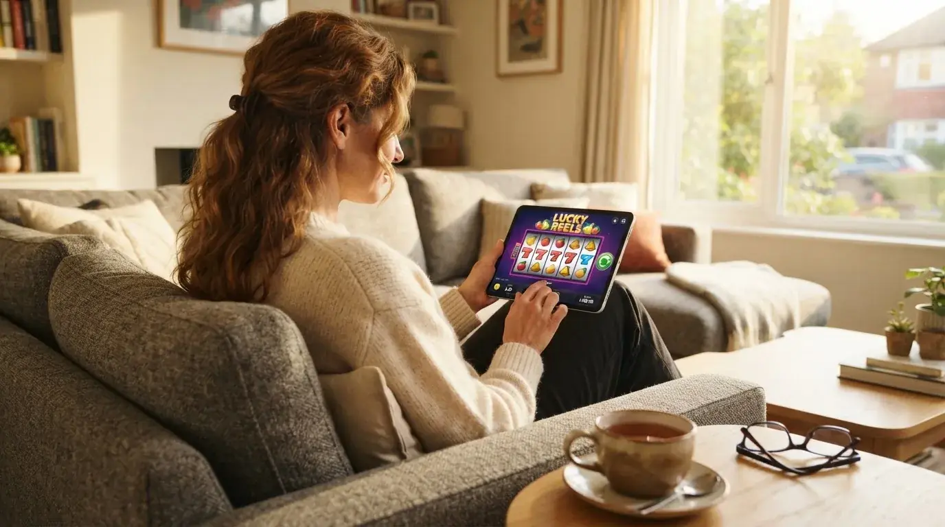 Een vrouw bekijkt ontspannen een tablet op de bank in een lichte woonkamer met een kop thee op de salontafel.