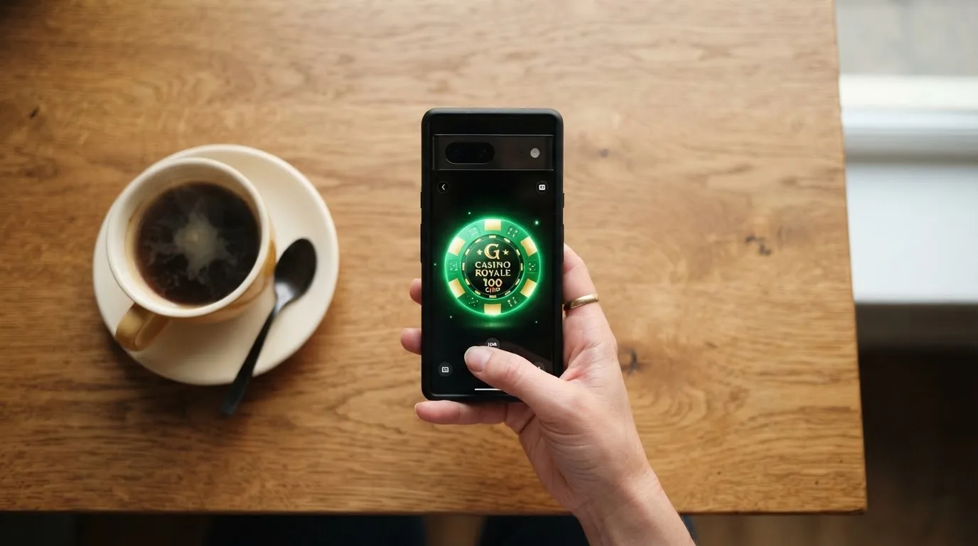 Een hand houdt een smartphone vast boven een houten tafel met een kopje koffie ernaast, in zacht daglicht.