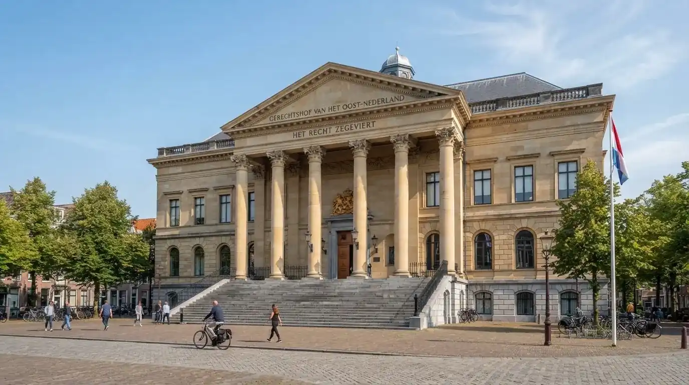 Een statig gerechtsgebouw met brede trappen en zuilen staat onder een heldere hemel in een Nederlandse stad.