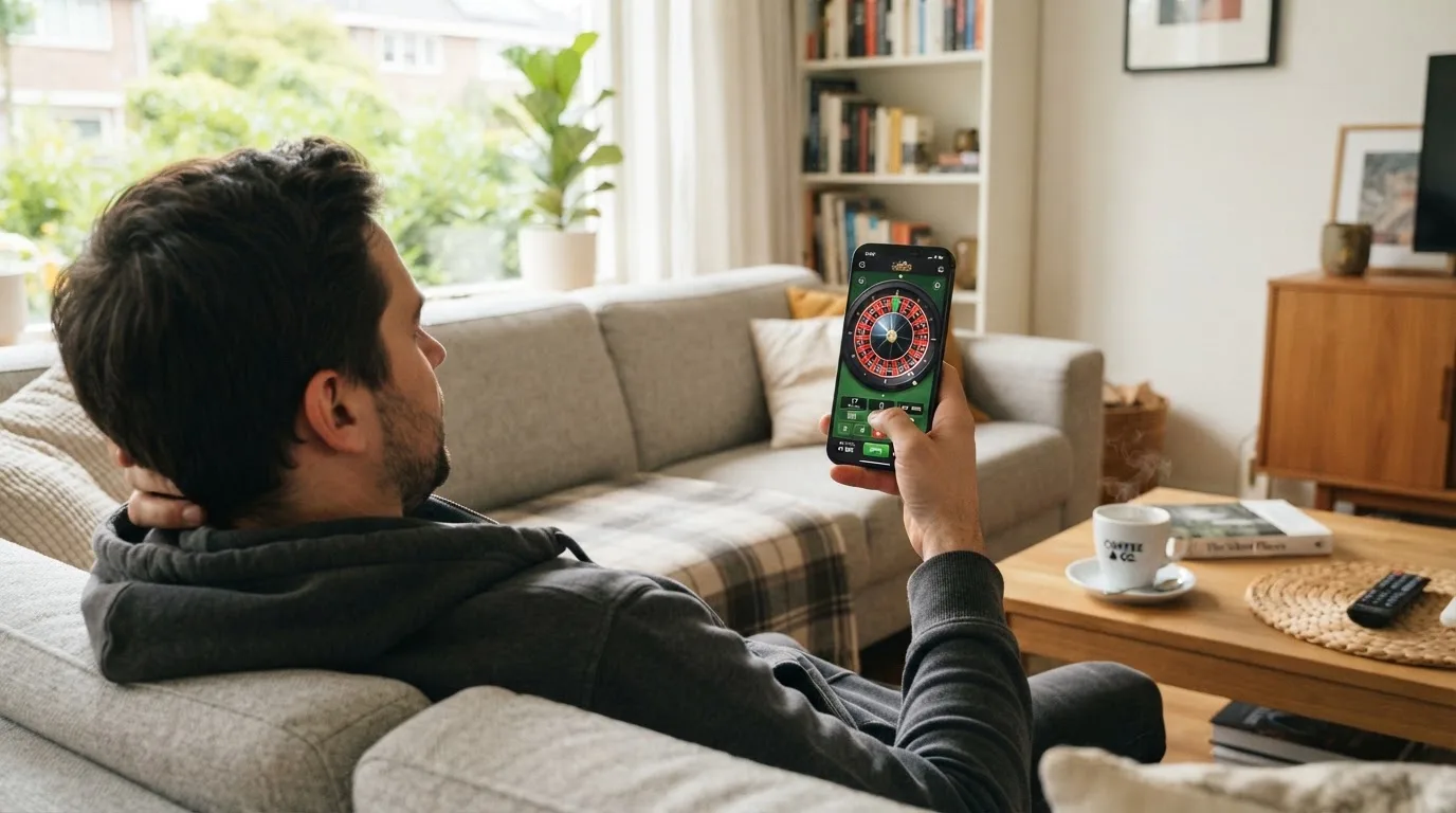Een man bekijkt ontspannen zijn telefoon op de bank in een lichte woonkamer met een kop koffie op de salontafel.