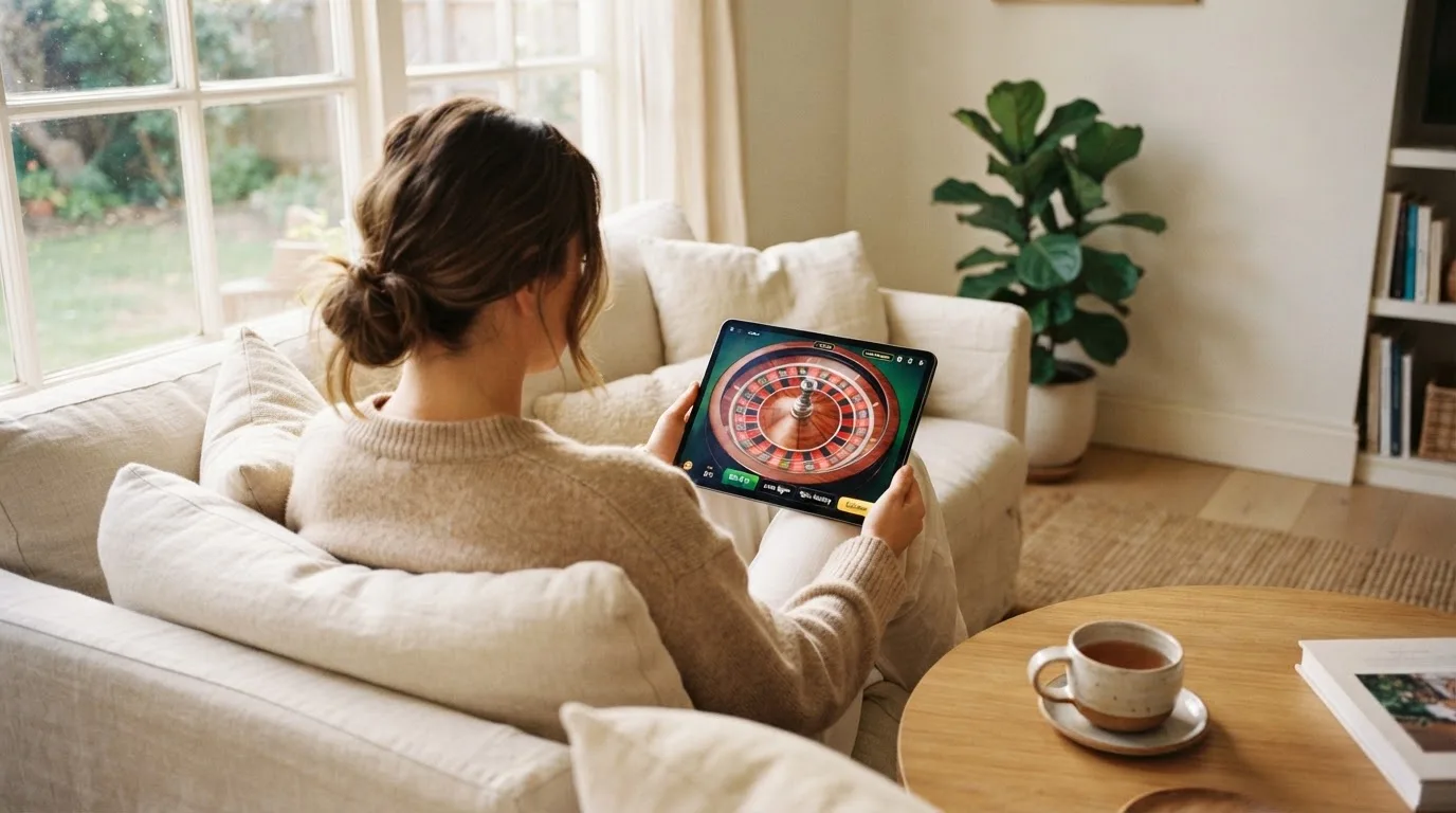 Een vrouw bekijkt ontspannen een tablet op de bank in een lichte woonkamer met een kop thee op de salontafel.