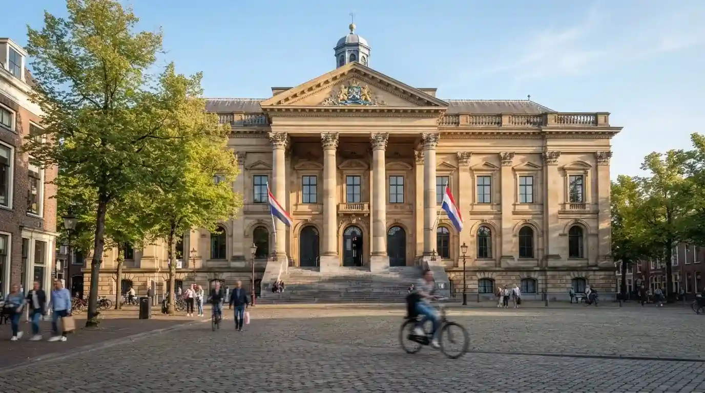 Een klassiek gerechtsgebouw met hoge zuilen staat onder een heldere hemel in een Nederlandse stad.