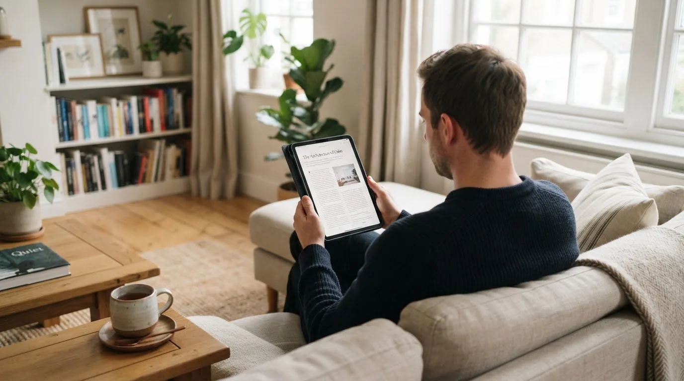 Een man bekijkt ontspannen een tablet op de bank in een lichte woonkamer met een kop thee op de salontafel.