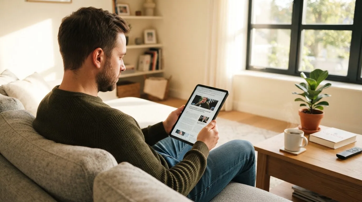 Een man bekijkt ontspannen een tablet op de bank in een lichte woonkamer met een kop koffie op de salontafel.