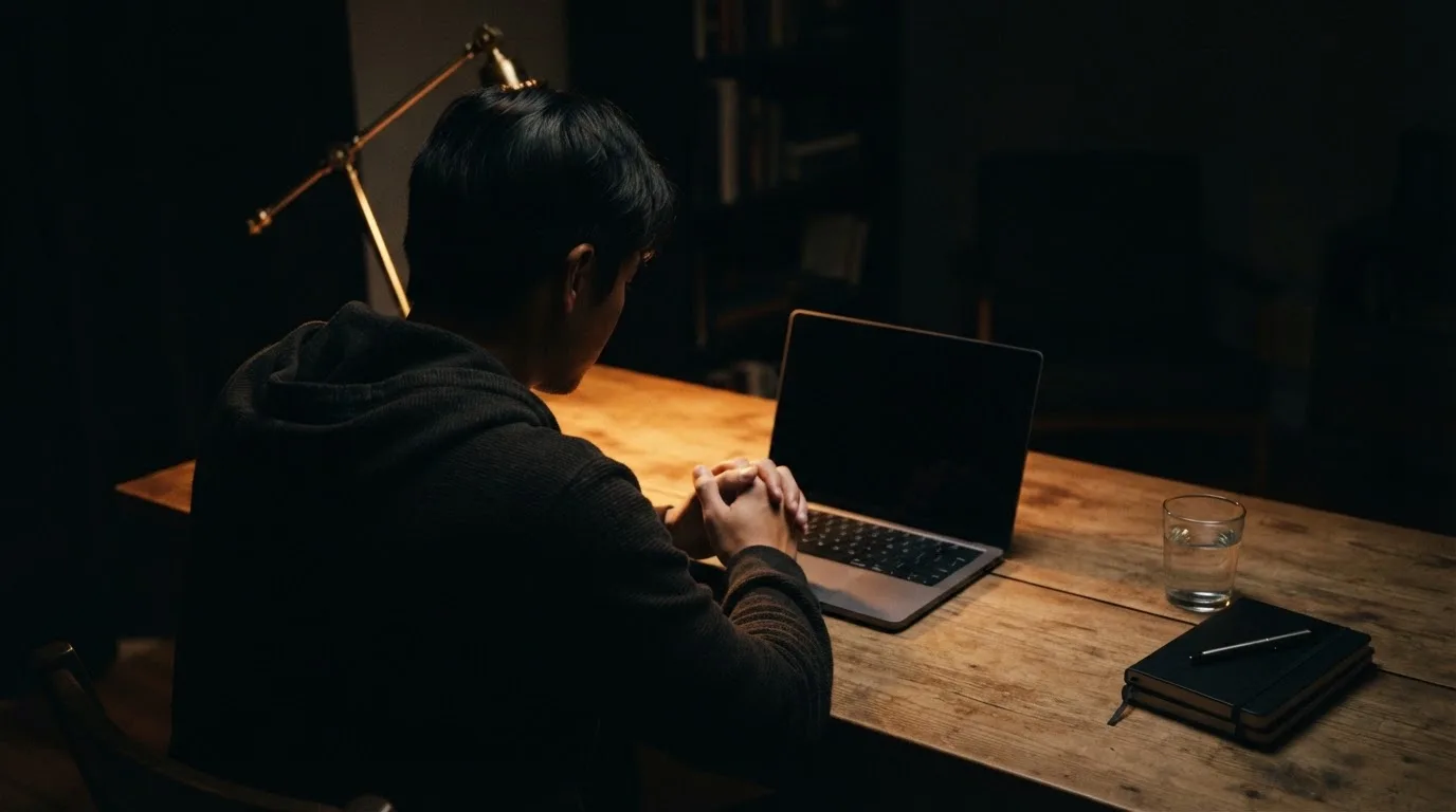 Een persoon zit alleen aan een bureau en kijkt peinzend naar een laptop met het scherm uit, in gedimd licht.