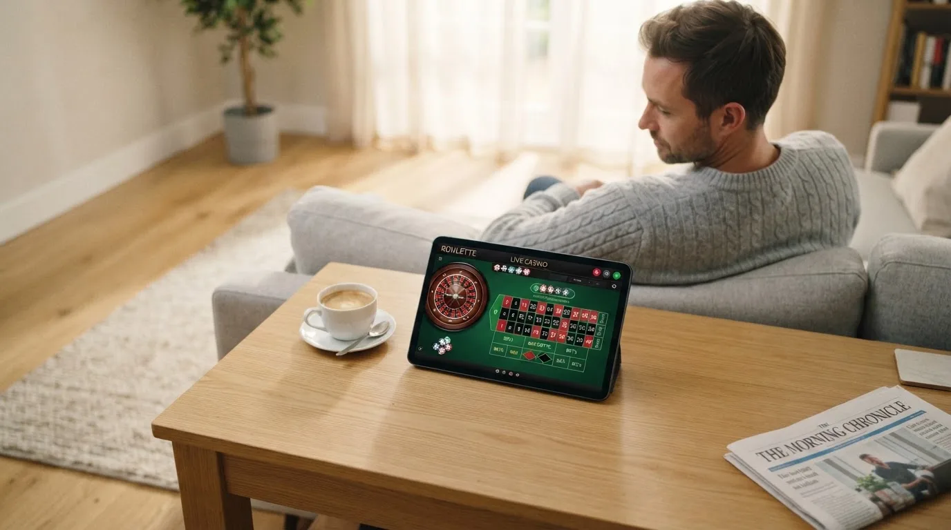 Een man bekijkt ontspannen een tablet op de bank in een lichte woonkamer met een kop koffie op de salontafel.