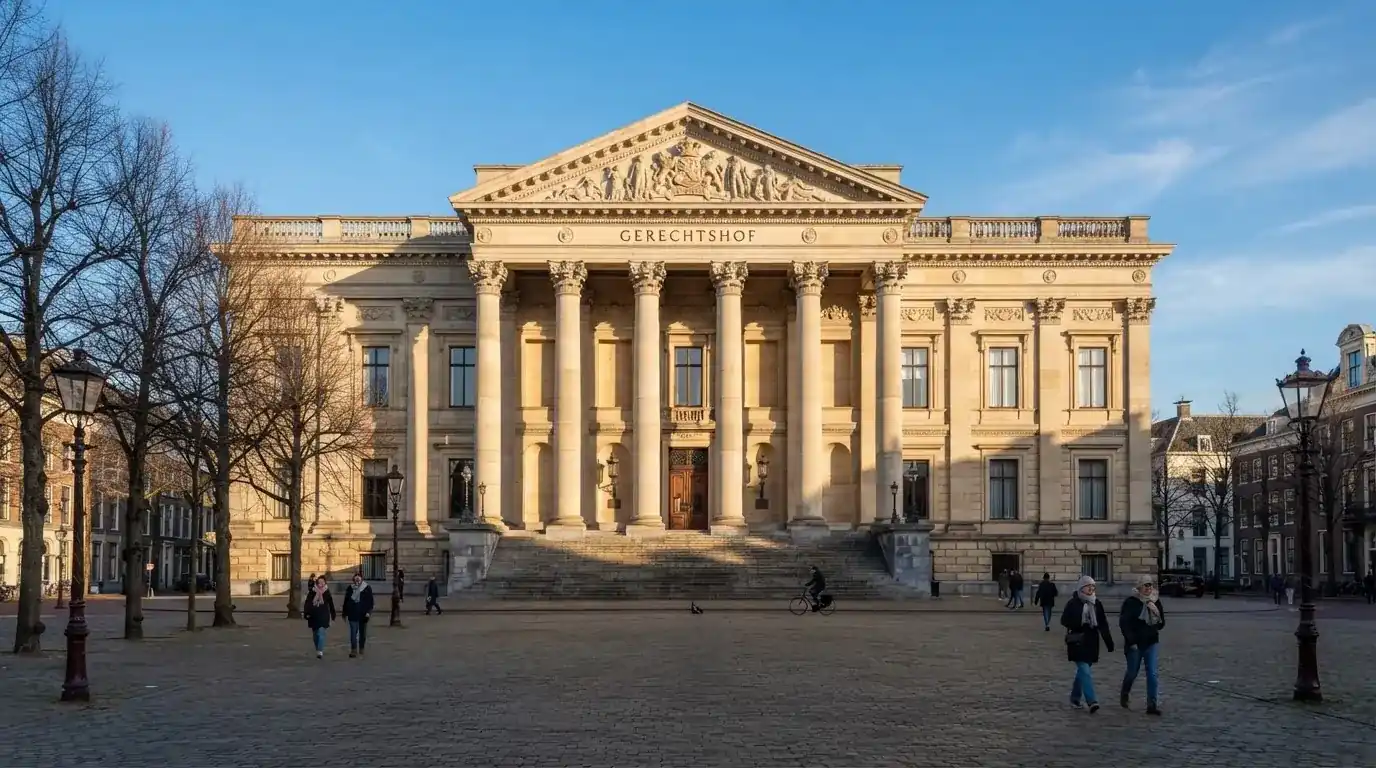 Een klassiek gerechtsgebouw met hoge zuilen staat onder een heldere hemel in een Nederlandse stad.