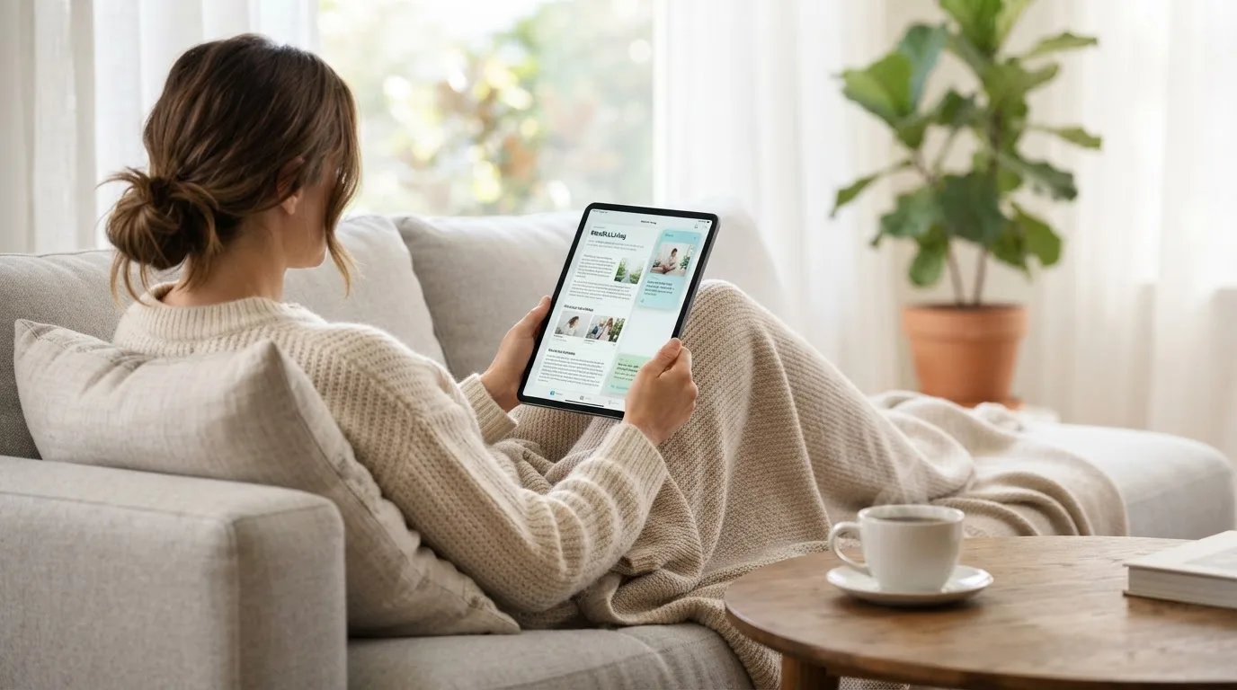 Een vrouw bekijkt ontspannen een tablet op de bank in een lichte woonkamer met een kop koffie op de salontafel.