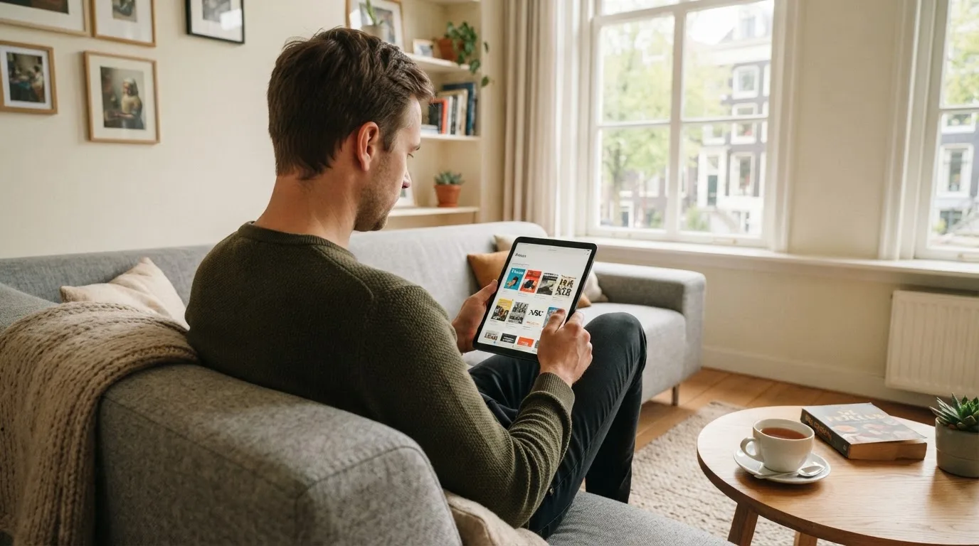 Een man bekijkt ontspannen een tablet op de bank in een lichte woonkamer met een kop thee op de salontafel.
