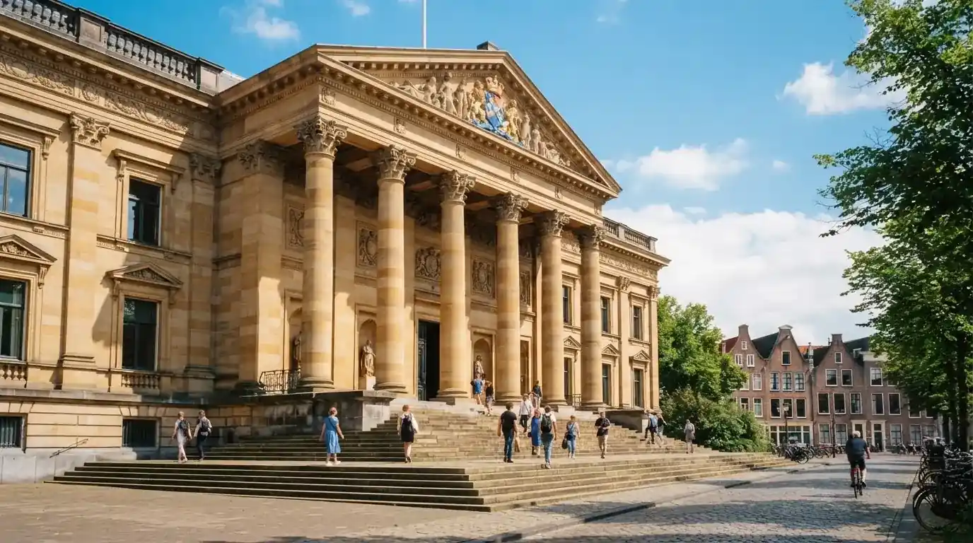 Een klassiek gerechtsgebouw met hoge zuilen staat onder een heldere hemel in een Nederlandse stad.