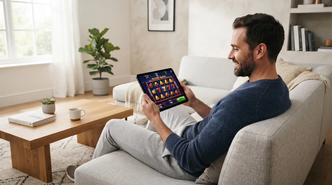 Een man bekijkt ontspannen een tablet op de bank in een lichte woonkamer met een kop koffie op de salontafel.