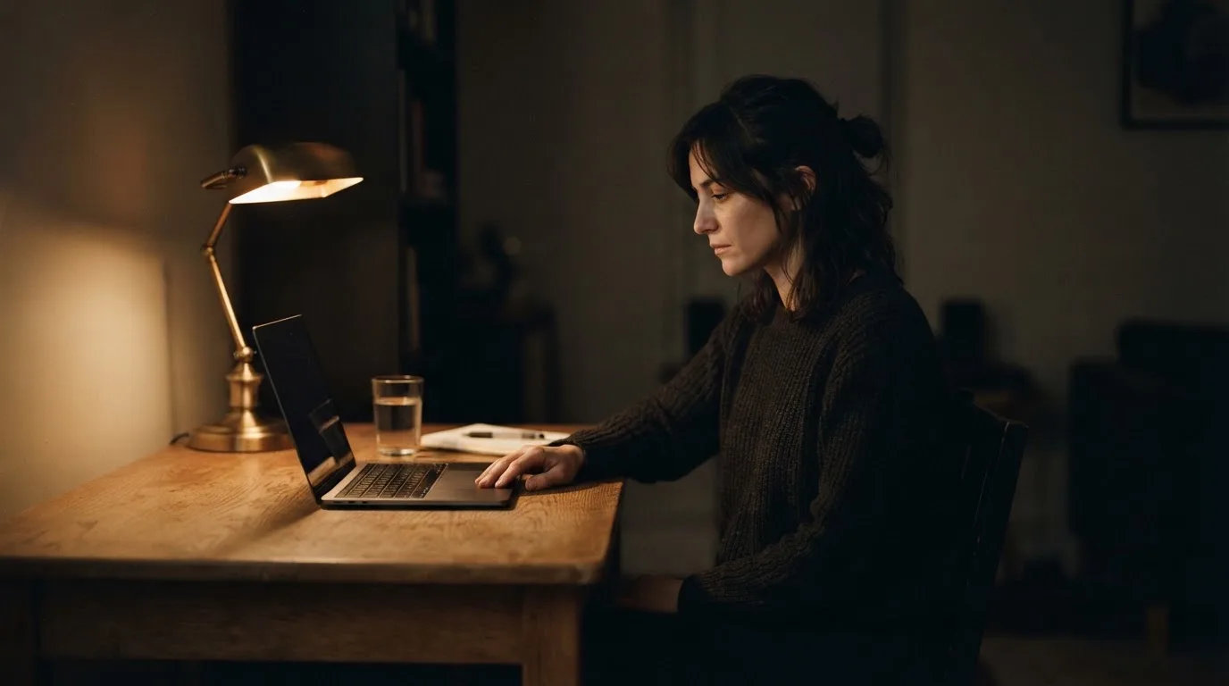Een persoon zit alleen aan een bureau en kijkt peinzend naar een laptop met het scherm uit, in gedimd licht.