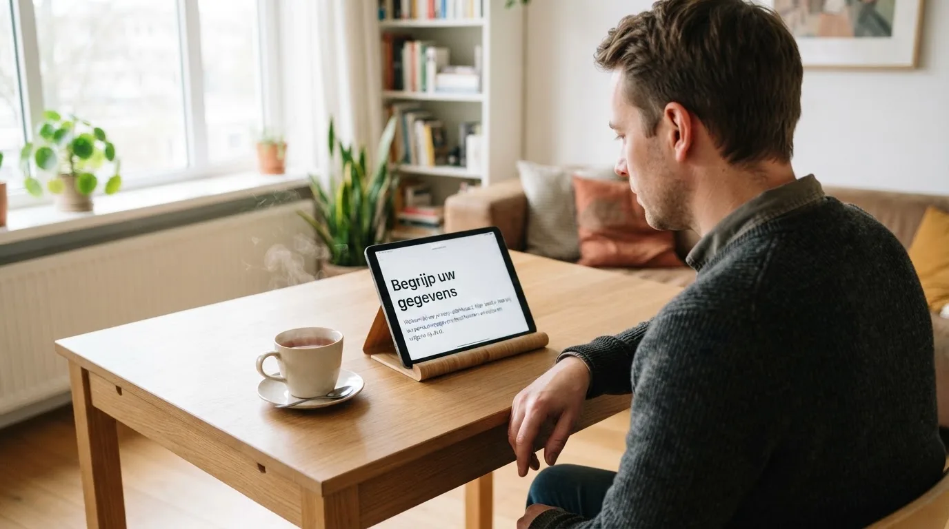 Een man zit aan een bureau in een lichte woonkamer en kijkt naar het scherm van een tablet die naast een kop thee ligt.