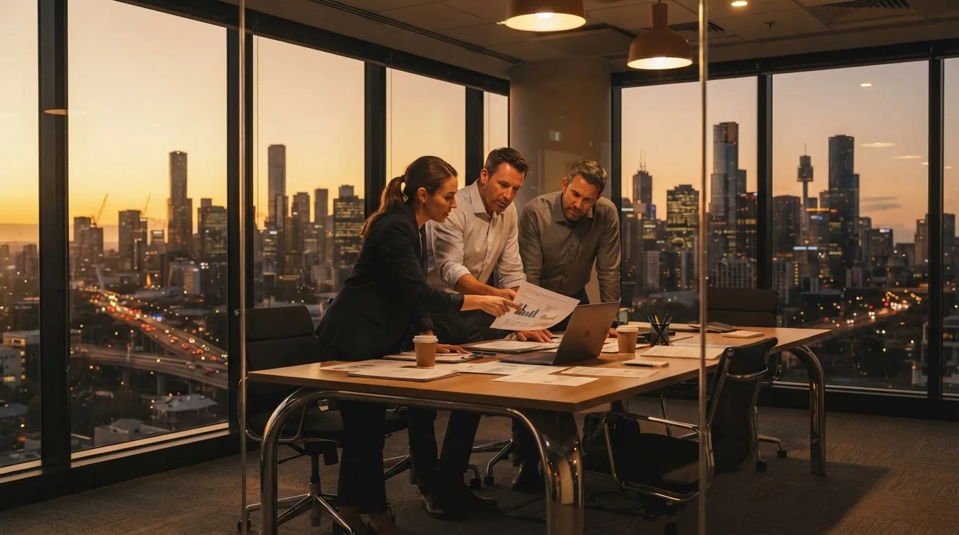 Een klein team overlegt rond een tafel in een glazen vergaderruimte met uitzicht op een stedelijke skyline bij zonsondergang.