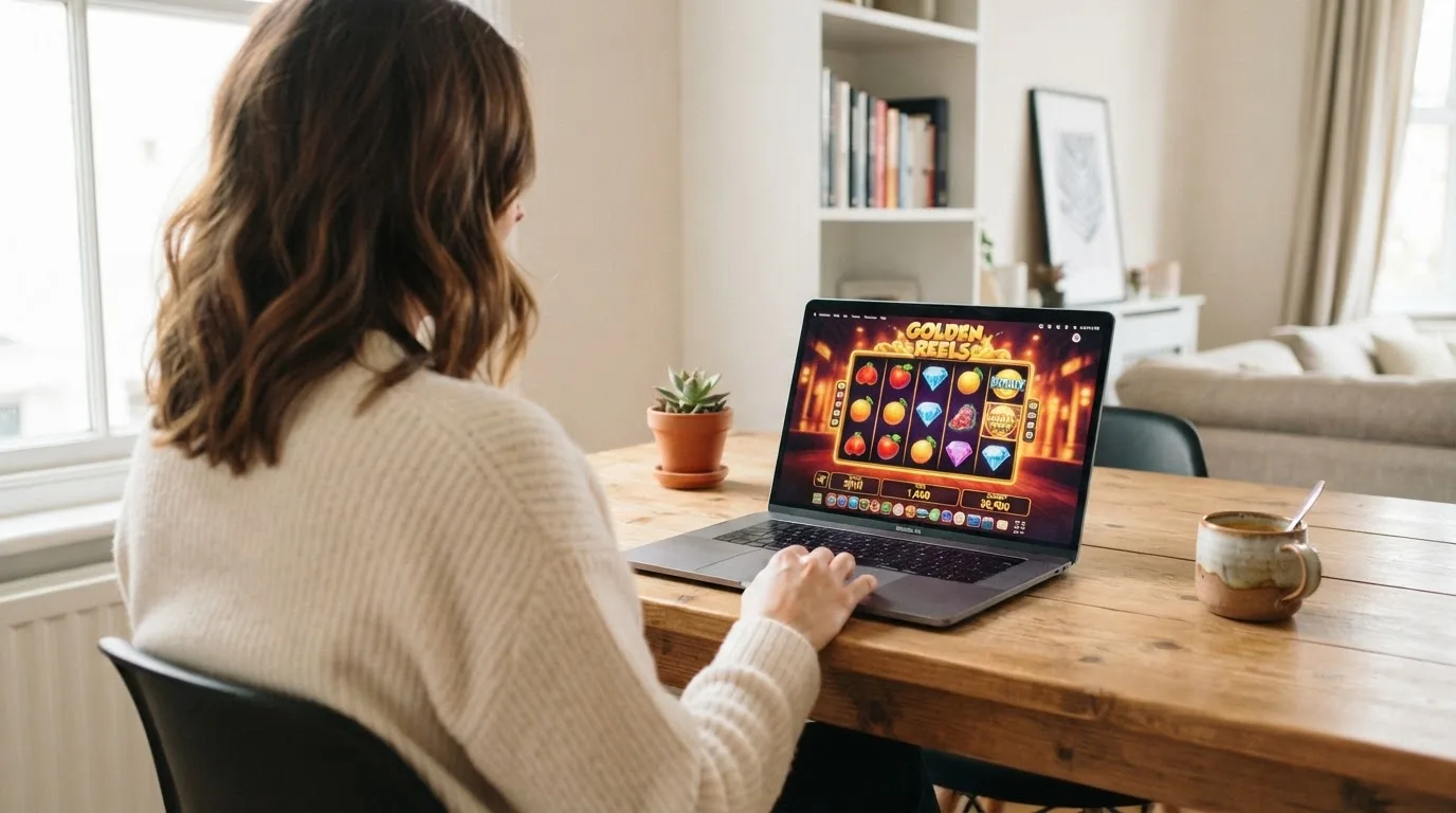 Een vrouw zit aan een houten bureau en bekijkt rustig het scherm van een laptop in een lichte woonkamer.