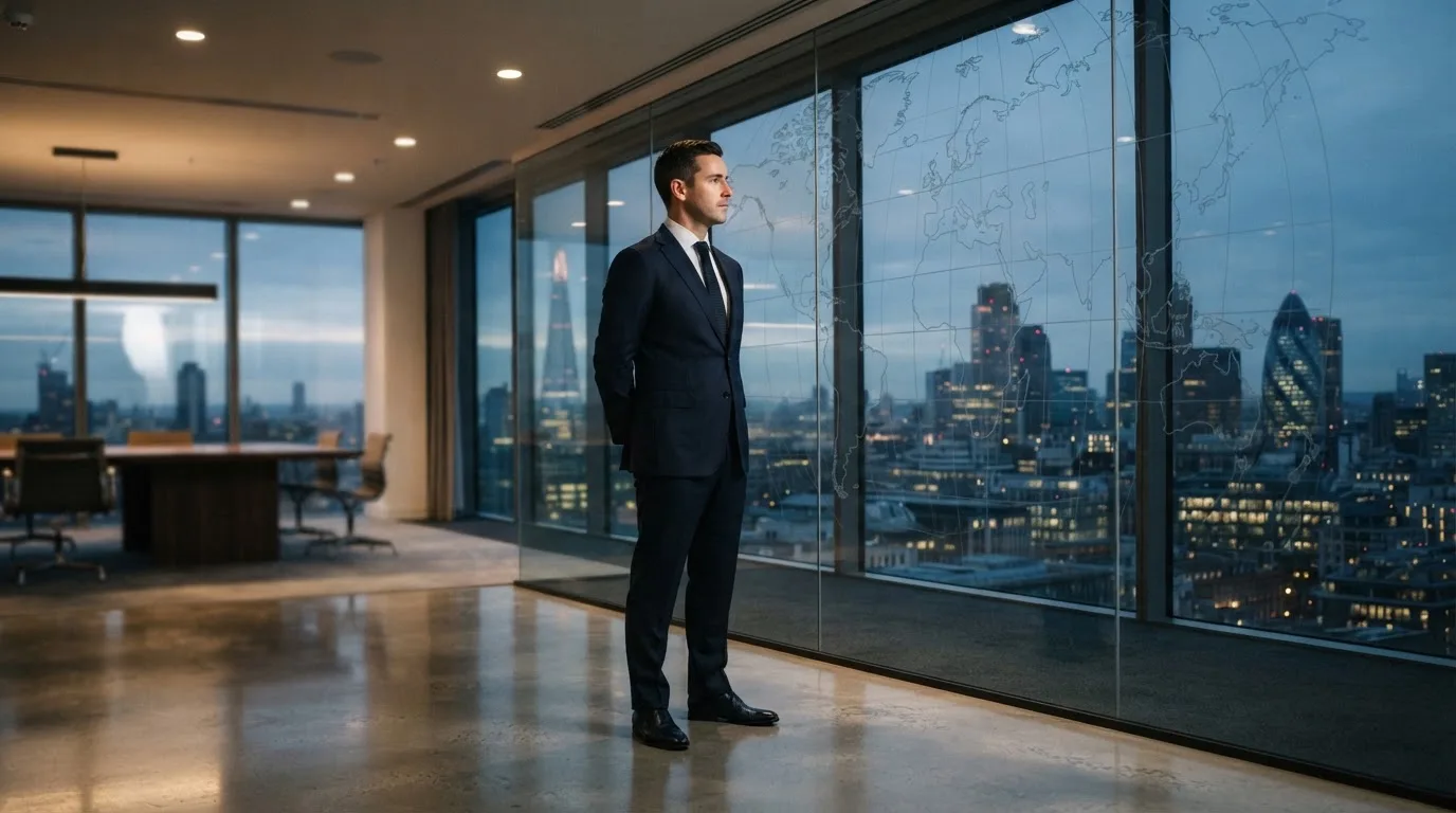 Een jurist in kostuum staat voor een grote glazen wand met een wereldkaart in een modern kantoor tijdens de avondschemering.