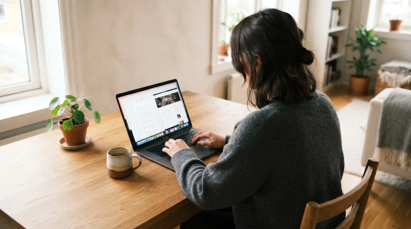 Een vrouw zit aan een houten bureau en bekijkt rustig het scherm van een laptop in een lichte woonkamer.