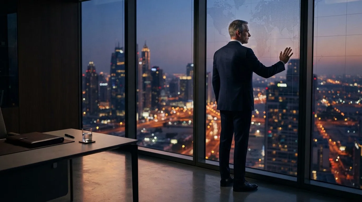 Een jurist in kostuum staat voor een grote glazen wand met een wereldkaart in een modern kantoor tijdens de avondschemering.