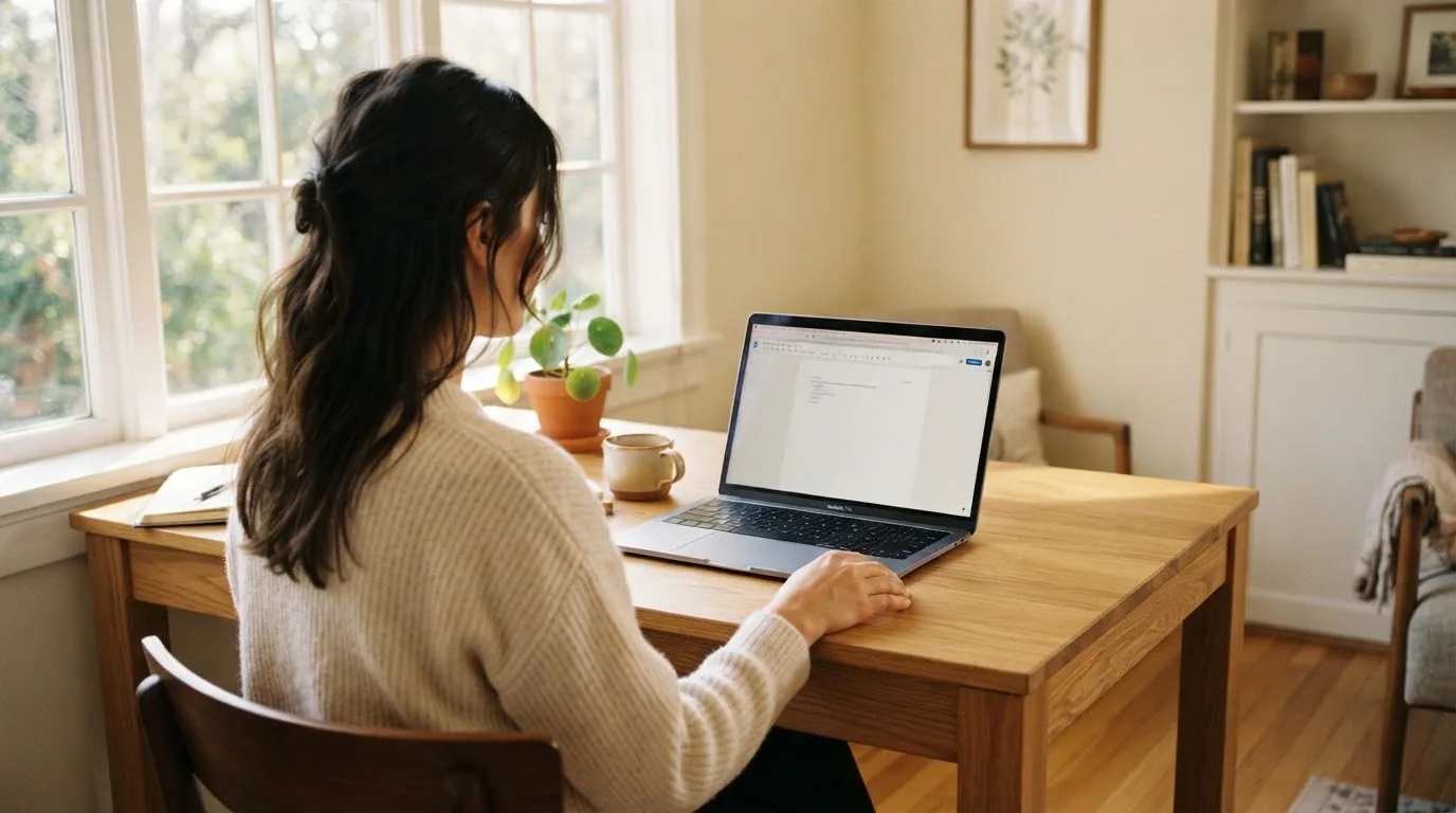 Een vrouw zit aan een houten bureau en bekijkt rustig het scherm van een laptop in een lichte woonkamer.