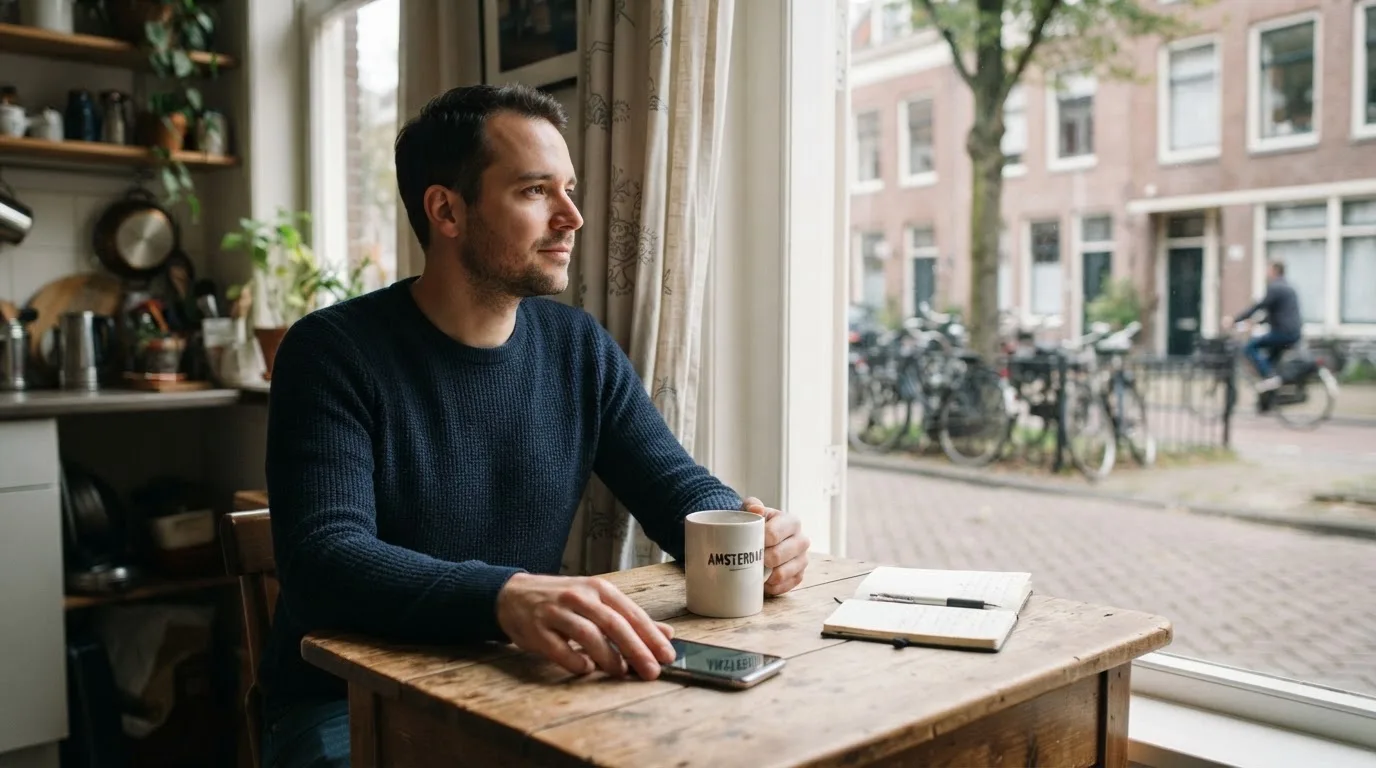Een man legt zijn telefoon rustig weg en kijkt uit het raam met een kop koffie op tafel.