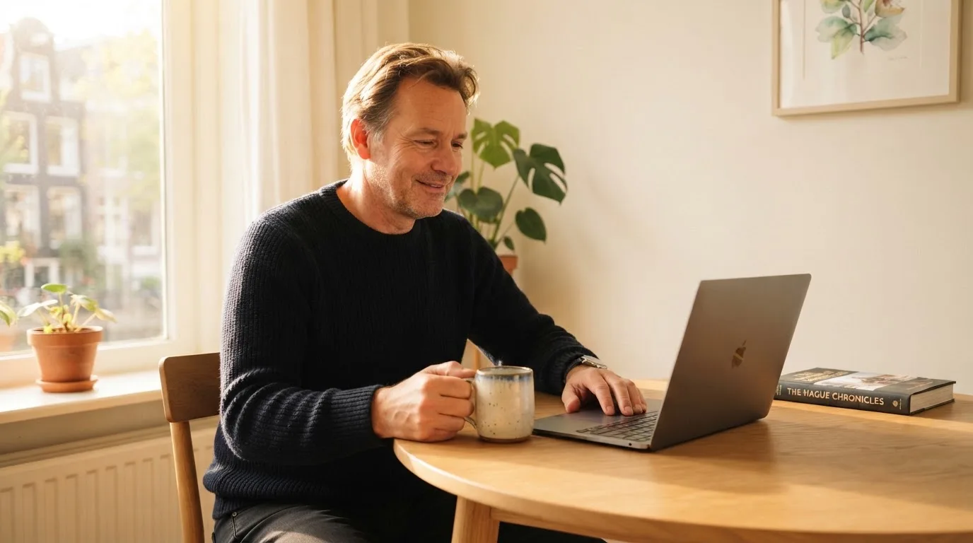 Een man zit thuis aan tafel met een kop koffie en bekijkt rustig zijn laptop.
