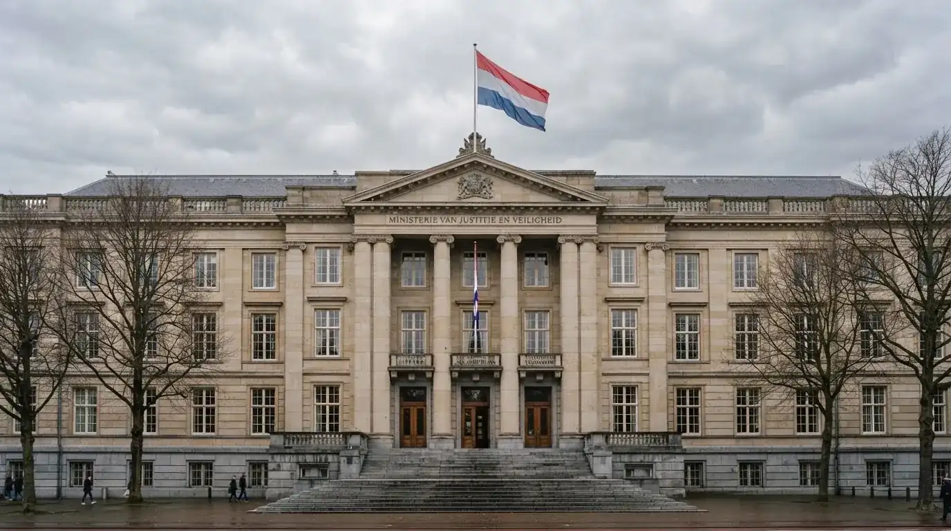 Een statig kantoorgebouw met een Nederlandse vlag ervoor onder een bewolkte hemel.