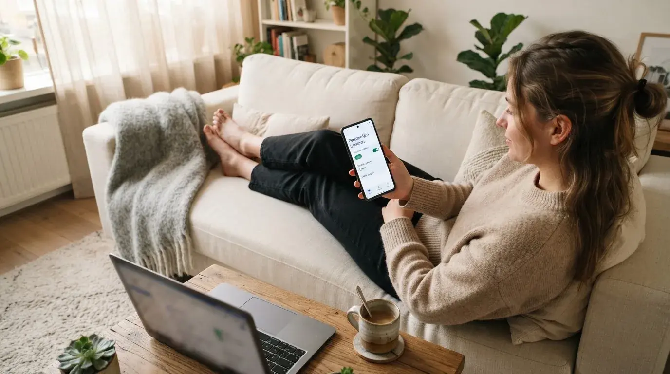 Een jonge vrouw zit ontspannen op de bank met een smartphone in haar hand, terwijl een laptop met onscherp scherm op de salontafel staat.