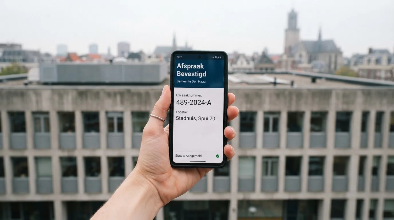 Een close-up van een hand die een smartphone vasthoudt buiten voor een grijs kantoorgebouw, met een wazige skyline van een Nederlandse stad op de achtergrond.