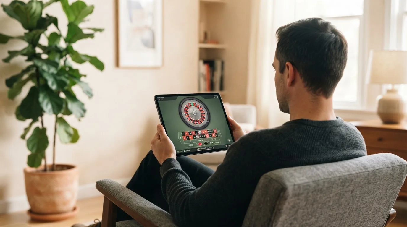 Een man leunt achterover op een stoel met een tablet op schoot, in een lichte woonkamer met planten op de achtergrond.