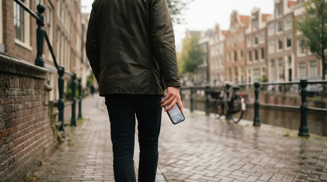 Een persoon loopt met een telefoon in de hand langs een grachtenpand in een Nederlandse stad, met wazige gevels op de achtergrond.