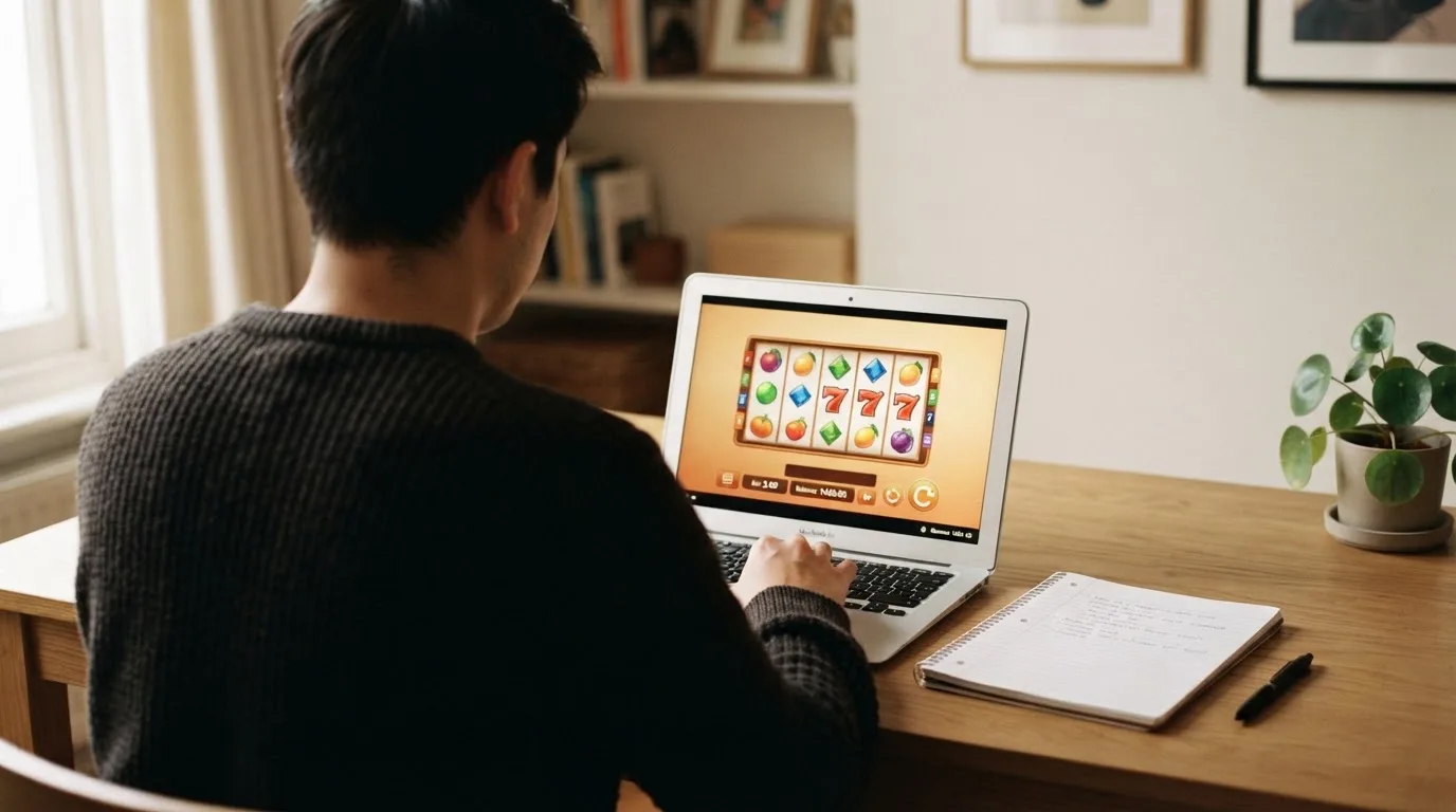 Een persoon zit aan een bureau thuis met een laptop en een notitieblok in daglicht.