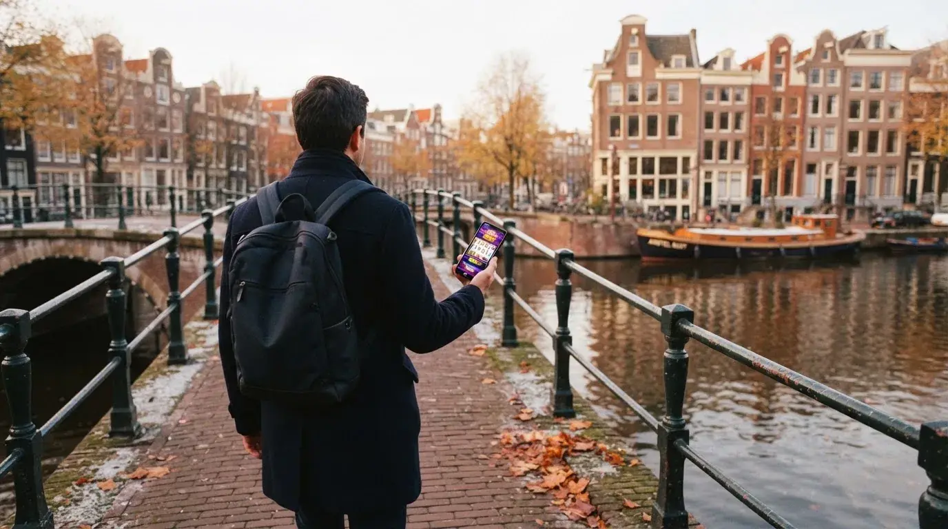 Een volwassene loopt over een brug in een Nederlandse stad met een telefoon in de hand.