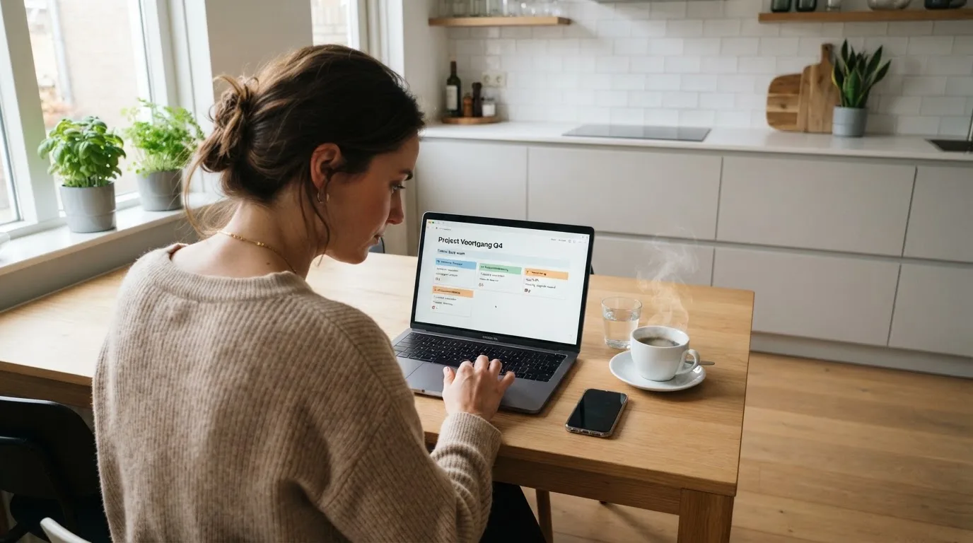Een vrouw bekijkt rustig op haar laptop de opties voor online spelen aan de keukentafel, met een kopje koffie ernaast.