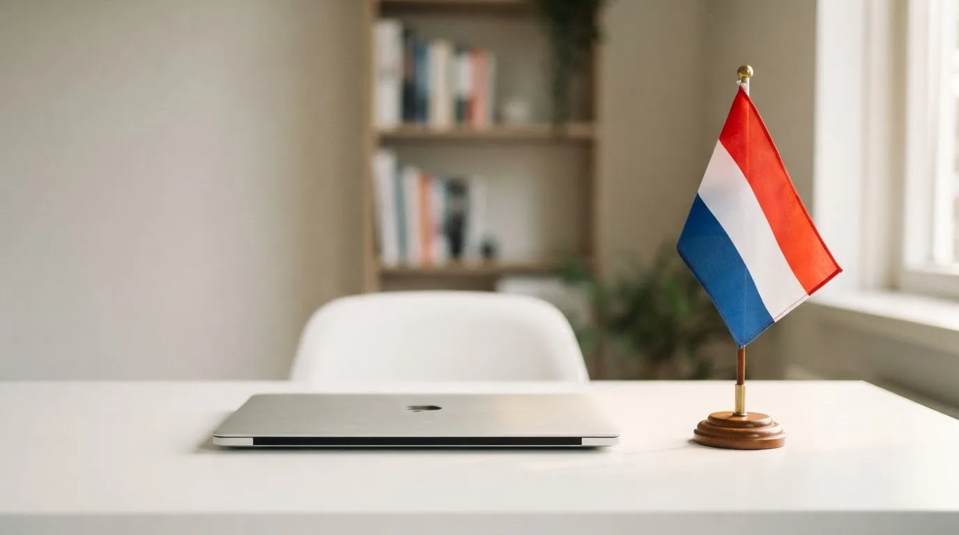 Een bureau met een Nederlandse vlag op een standaard naast een gesloten laptop, symbool voor regelgeving en toezicht op kansspelen.