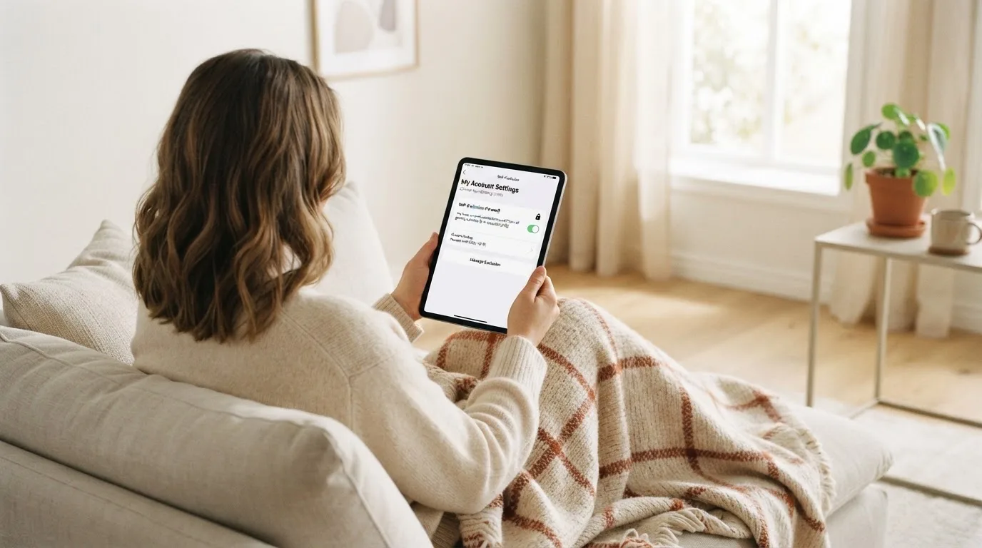 Iemand bekijkt ontspannen een tablet op de bank in een lichte woonkamer, met een plaid over de knieën.