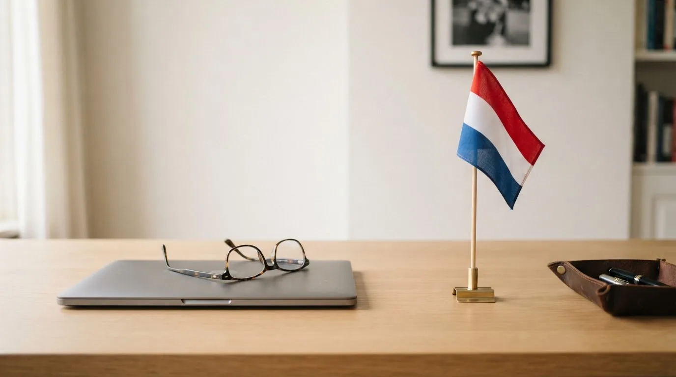 Een kantoorbureau met een Nederlandse vlag op een voetstuk naast een dichte laptop.