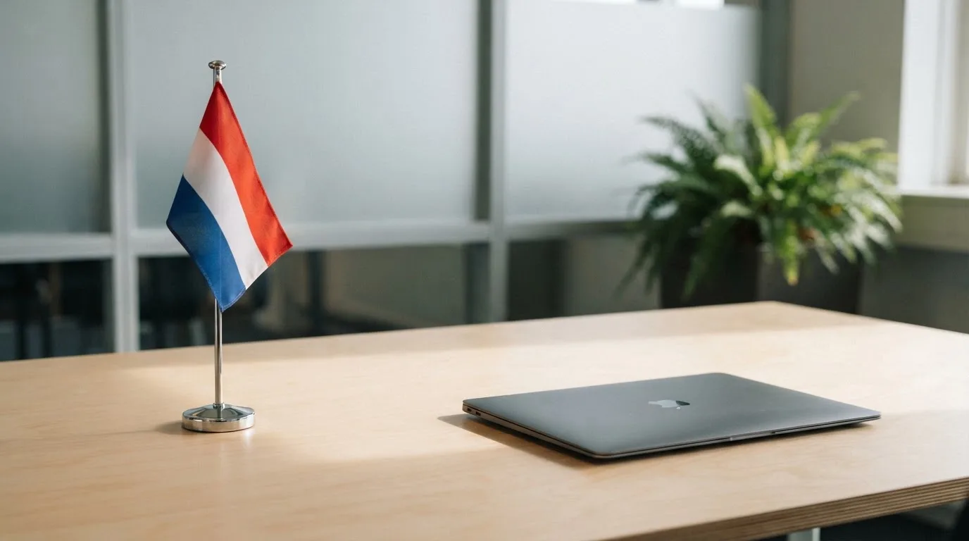 Een kantoorbureau met een Nederlandse vlag op een voetstuk naast een gesloten laptop.