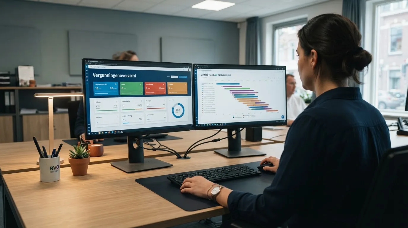 Een medewerker van een toezichthoudende instantie werkt achter een bureau met meerdere monitoren in een professioneel kantoor.