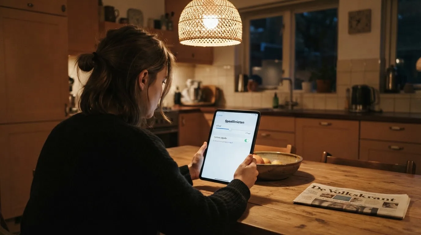 Een persoon bekijkt rustig instellingen voor speellimieten op een tablet aan een keukentafel in de avond.