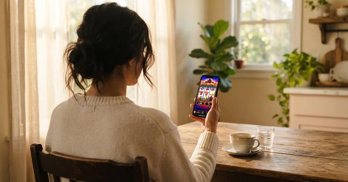 Een persoon houdt een smartphone met een donker scherm vast met een glimlach, terwijl er zacht ochtendlicht door het raam valt.