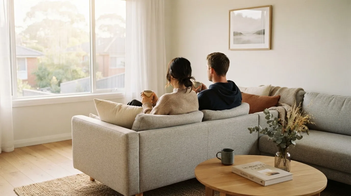 Twee mensen zitten ontspannen op een bank met een kop koffie, terwijl er zacht licht door het raam valt.