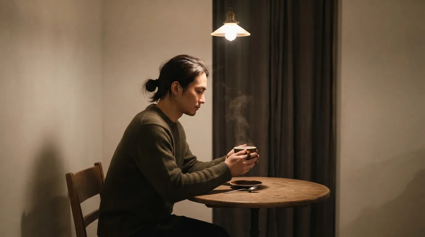 Een persoon zit rustig aan een tafel met beide handen om een kop thee in een stille kamer.