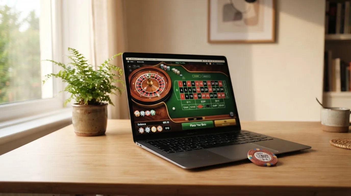 Een laptop met een wazig scherm staat open op een bureau naast een plant, in zacht licht door een raam.